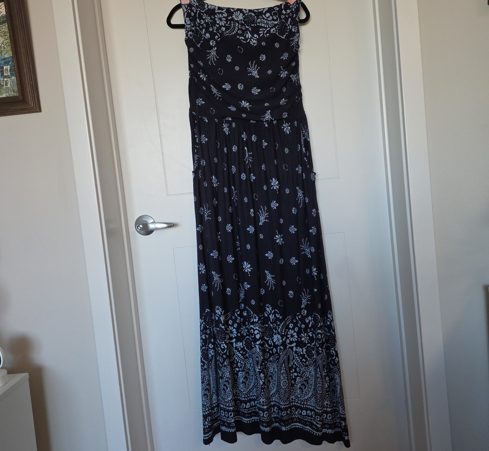 Black Strapless Floral Maxi Dress with Border Print